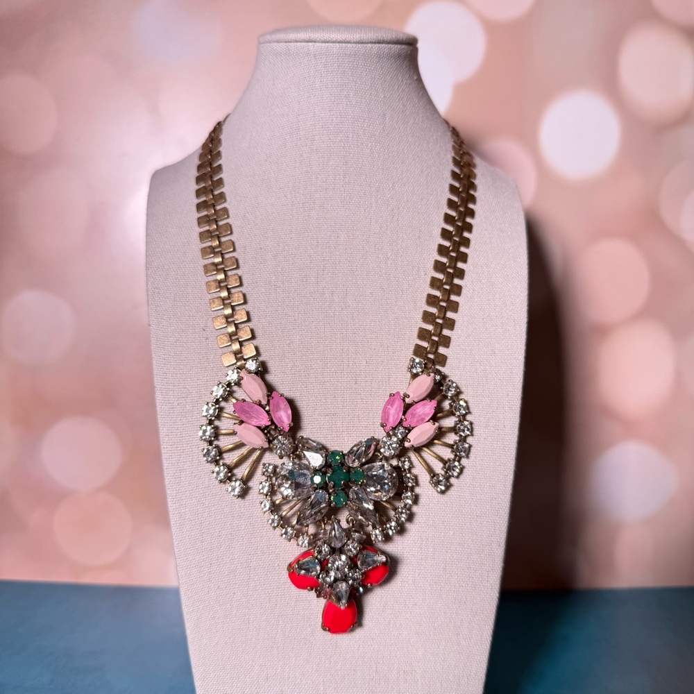 J. Crew Crystal Fan Statement necklace with hot pink stones & crystals